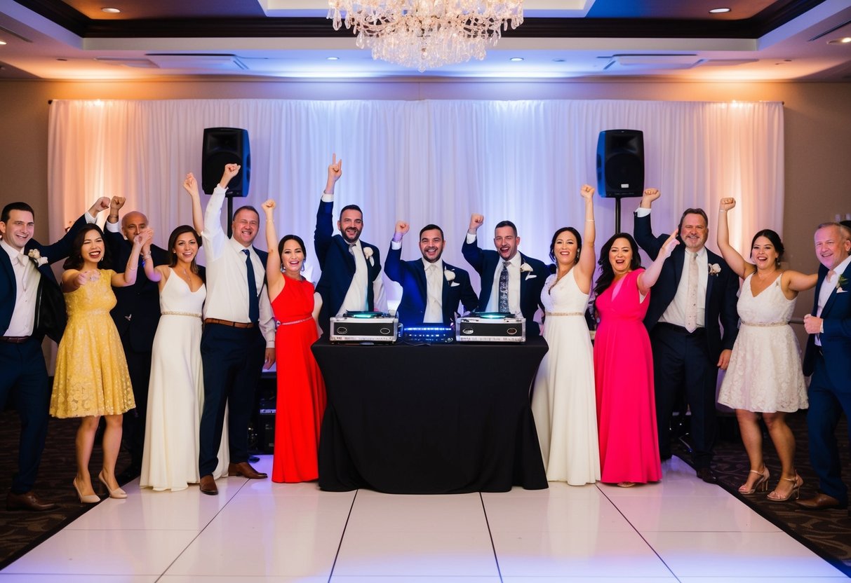 A wedding reception with a DJ booth, dance floor, and happy guests celebrating