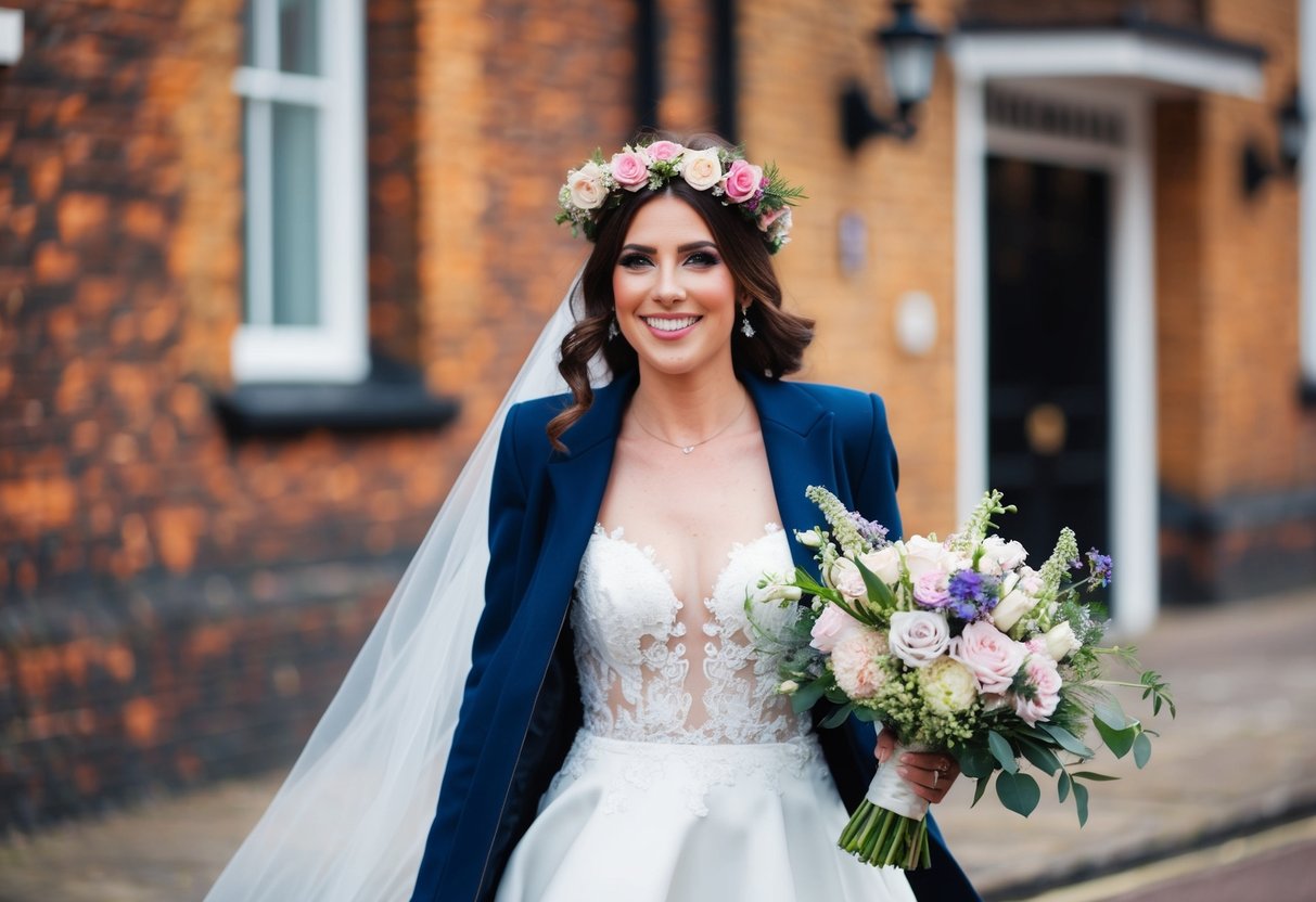 A bride wearing a floral crown and carrying a bouquet of flowers at a wedding in the UK