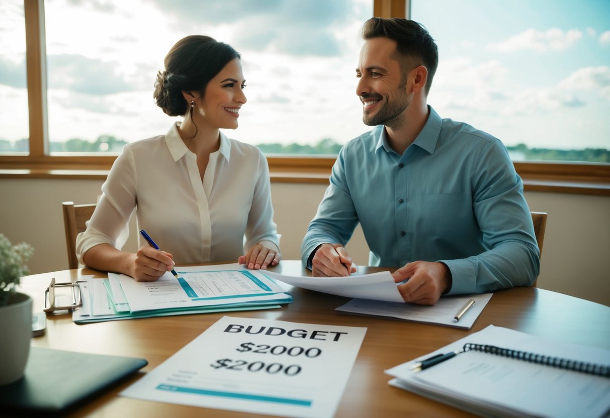 A couple sits at a table with wedding planning materials spread out. A budget sheet shows $2000 allotted for entertainment