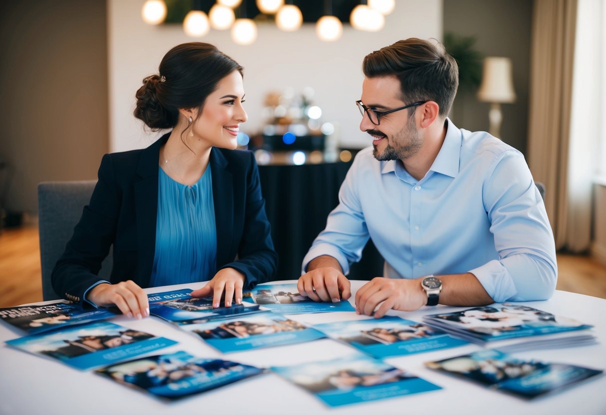A couple sits at a table, surrounded by wedding DJ brochures and flyers. They compare options and discuss their choice