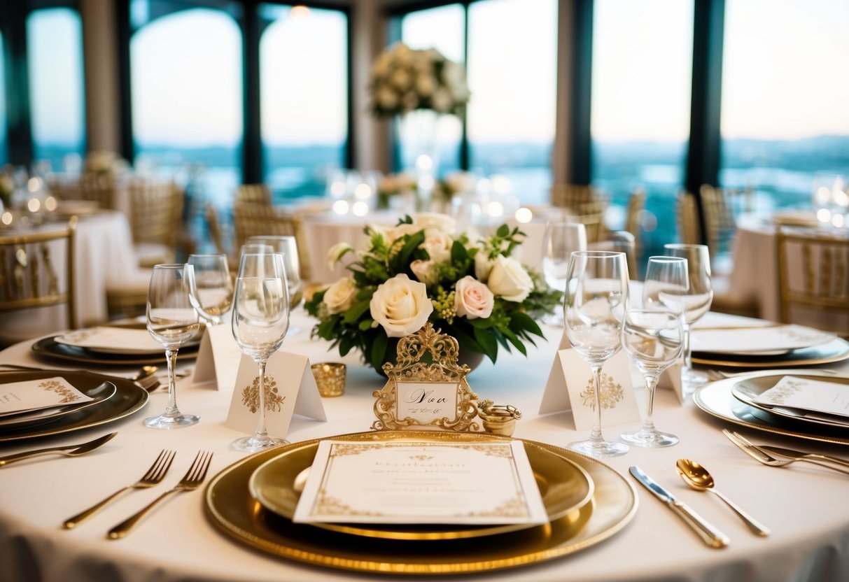 A lavish table set with elegant place cards and ornate invitations