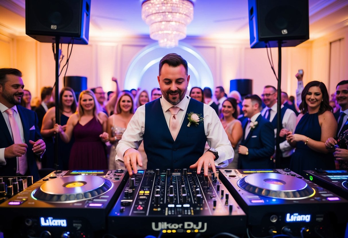 A wedding DJ in the UK, surrounded by a variety of audio equipment and lighting, engaging with a crowd on the dance floor