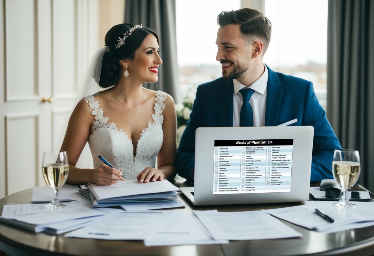 A couple sits at a table, surrounded by wedding planning materials. A laptop is open, showing a list of potential wedding DJs in the UK