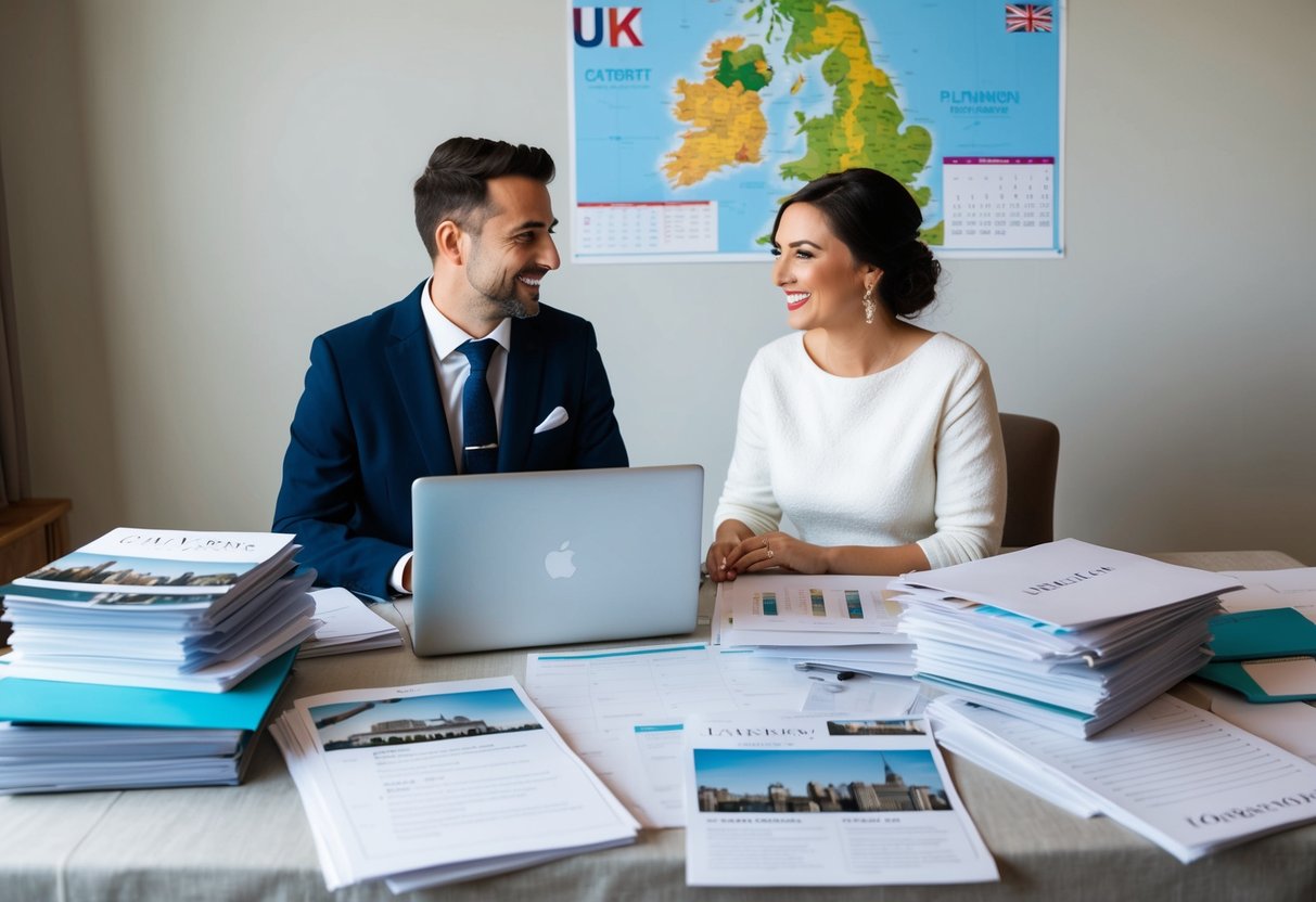 A couple sits at a table covered in wedding planning materials, including brochures and a laptop. They are surrounded by stacks of paperwork and a calendar, with a map of the UK on the wall