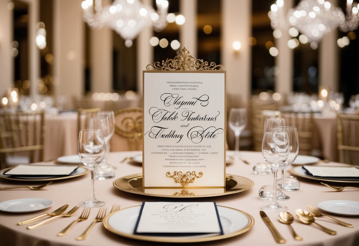A luxurious table setting with elegant invitations and ornate calligraphy