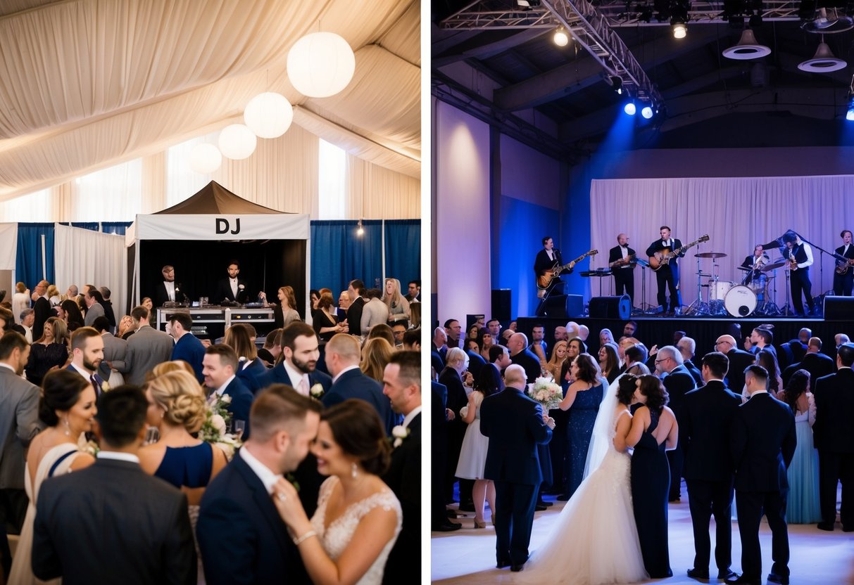 A crowded wedding fair with a DJ booth on one side and a live band stage on the other. Couples are seen listening and comparing the two options