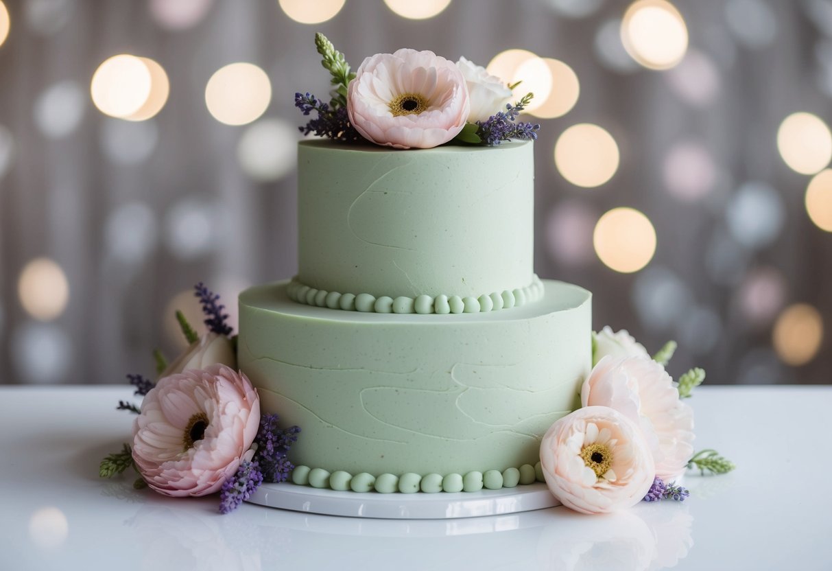 A wedding cake with a unique, muted green frosting, surrounded by pale pink and lavender flowers