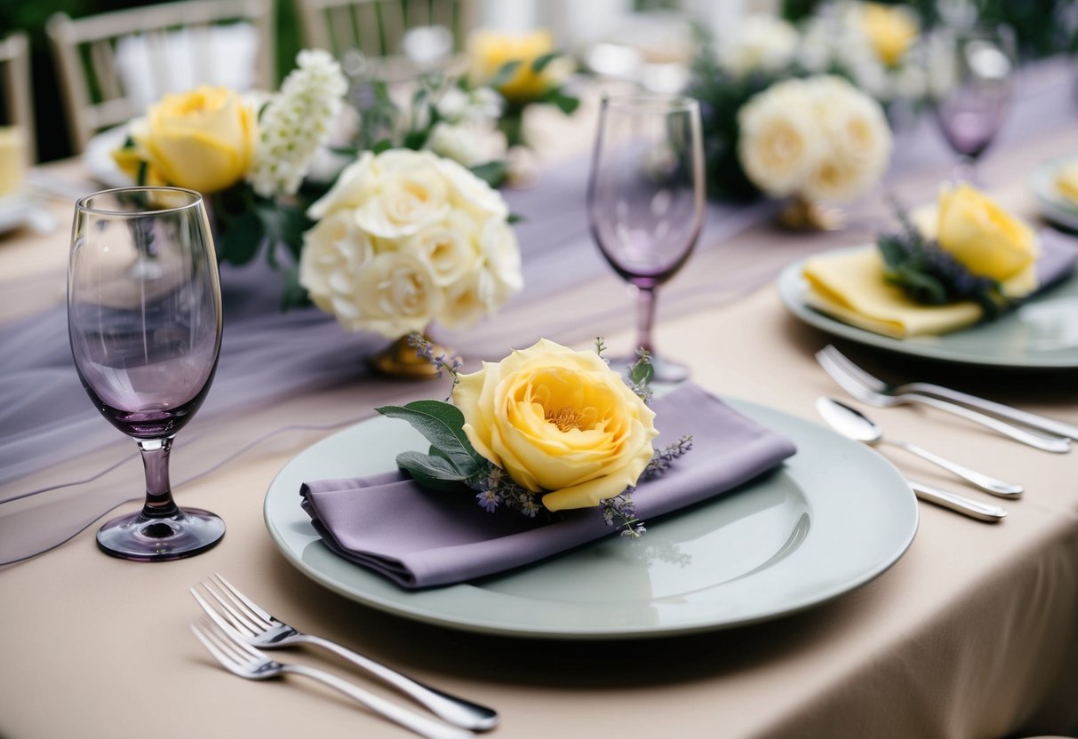 A wedding table setting with a unique color scheme, featuring a combination of pale yellow and gray, with accents of lavender and sage green