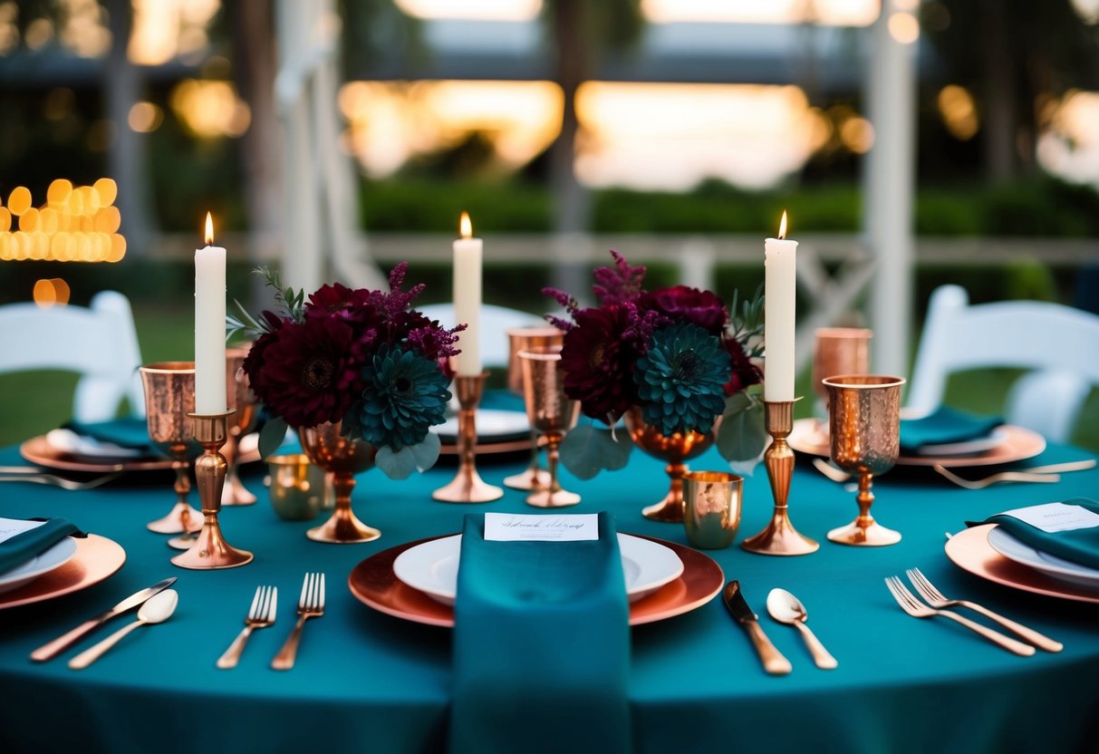 A wedding table set with a unique combination of dark teal and copper decor, accented with deep plum flowers and gold candle holders