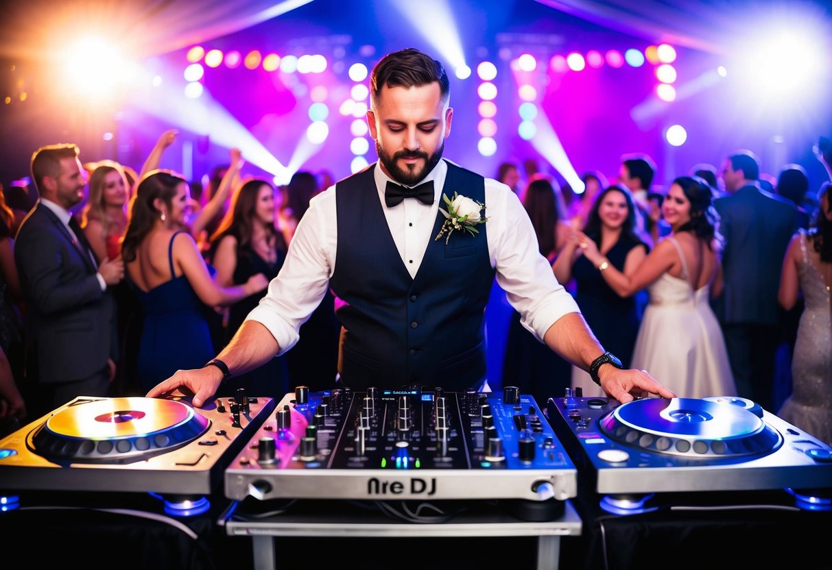 A wedding DJ stands behind a table with a mixer and turntables, surrounded by colorful lights and a dancing crowd