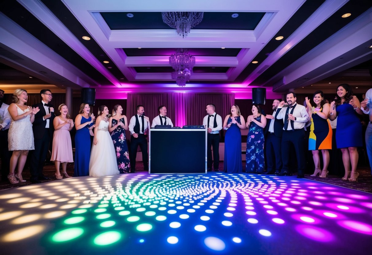 A colorful dance floor with swirling lights and a DJ booth surrounded by happy wedding guests