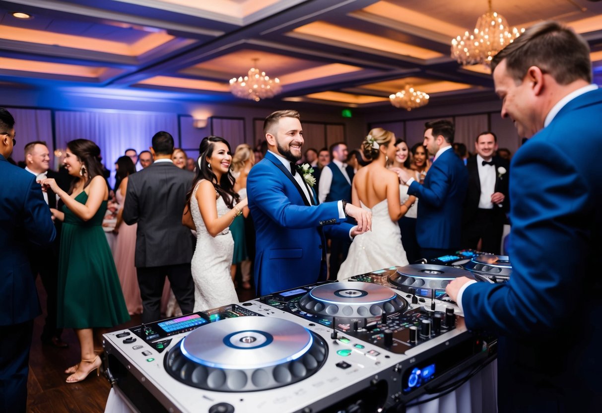 A lively wedding reception with a DJ spinning music as guests dance and mingle