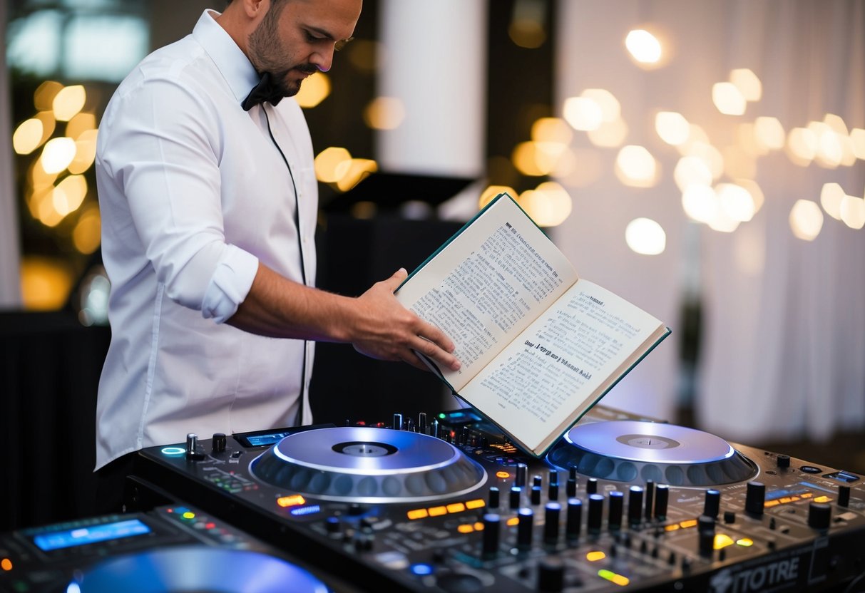 A wedding DJ setting up equipment and reviewing a professional development book on music mixing techniques