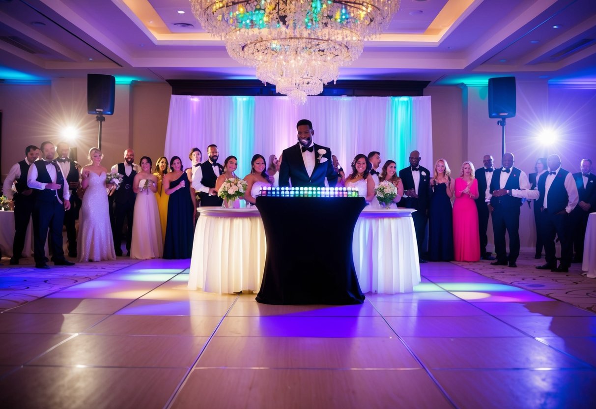 A wedding reception with a DJ booth and dance floor, surrounded by colorful lights and happy guests