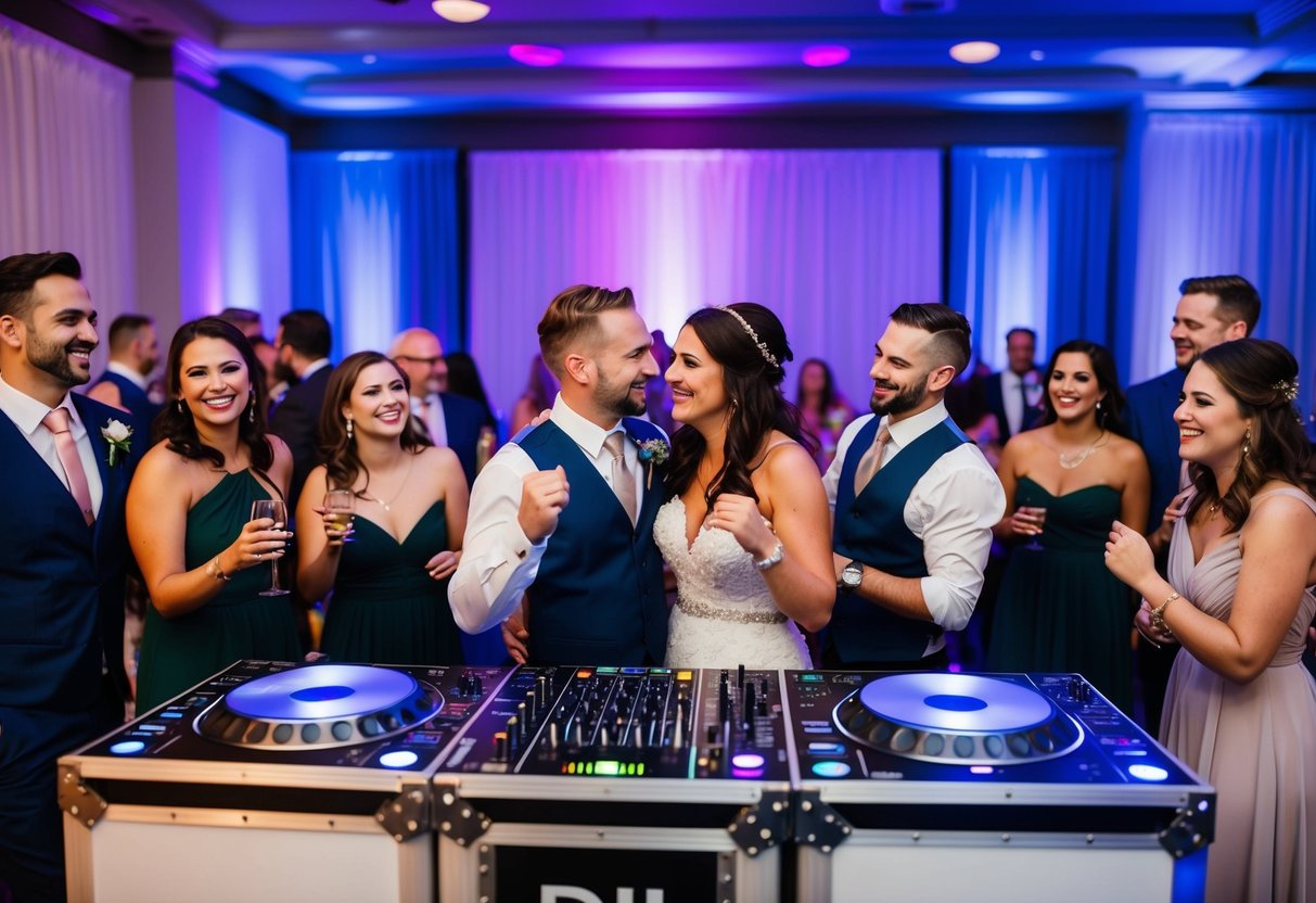 A wedding reception with a DJ booth and dance floor, surrounded by colorful lights and happy guests enjoying the music