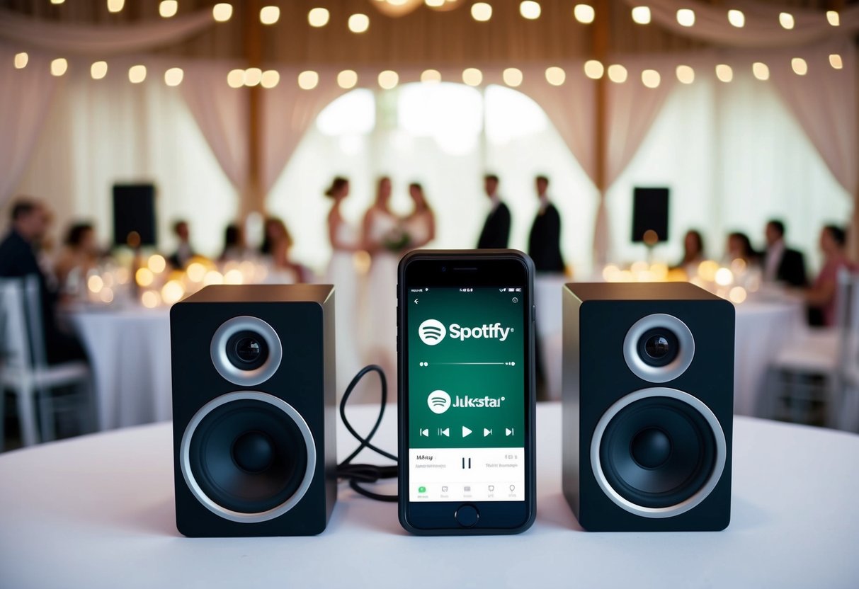 A wedding reception with a Spotify playlist and Jukestar app on a phone connected to speakers