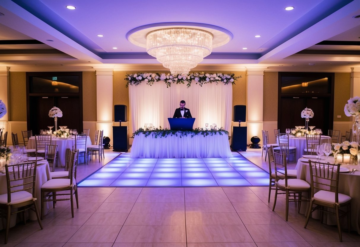 A wedding reception layout with a DJ booth and dance floor surrounded by tables and chairs, with decorative lighting and floral centerpieces