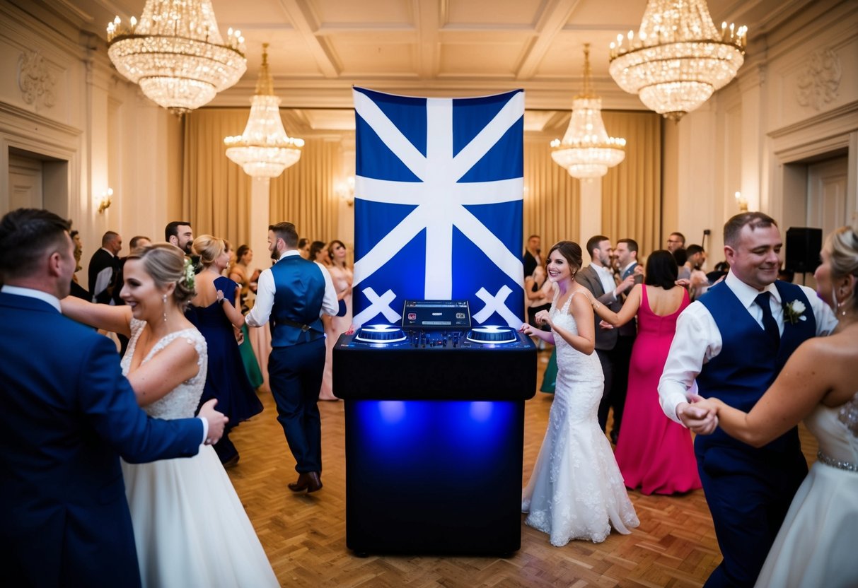 A DJ booth with Scottish flag decor, surrounded by dancing wedding guests in a grand ballroom
