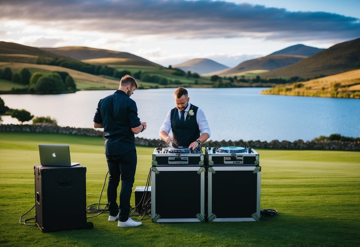 A wedding DJ setting up equipment in a picturesque Scottish venue, surrounded by rolling hills and a serene lake