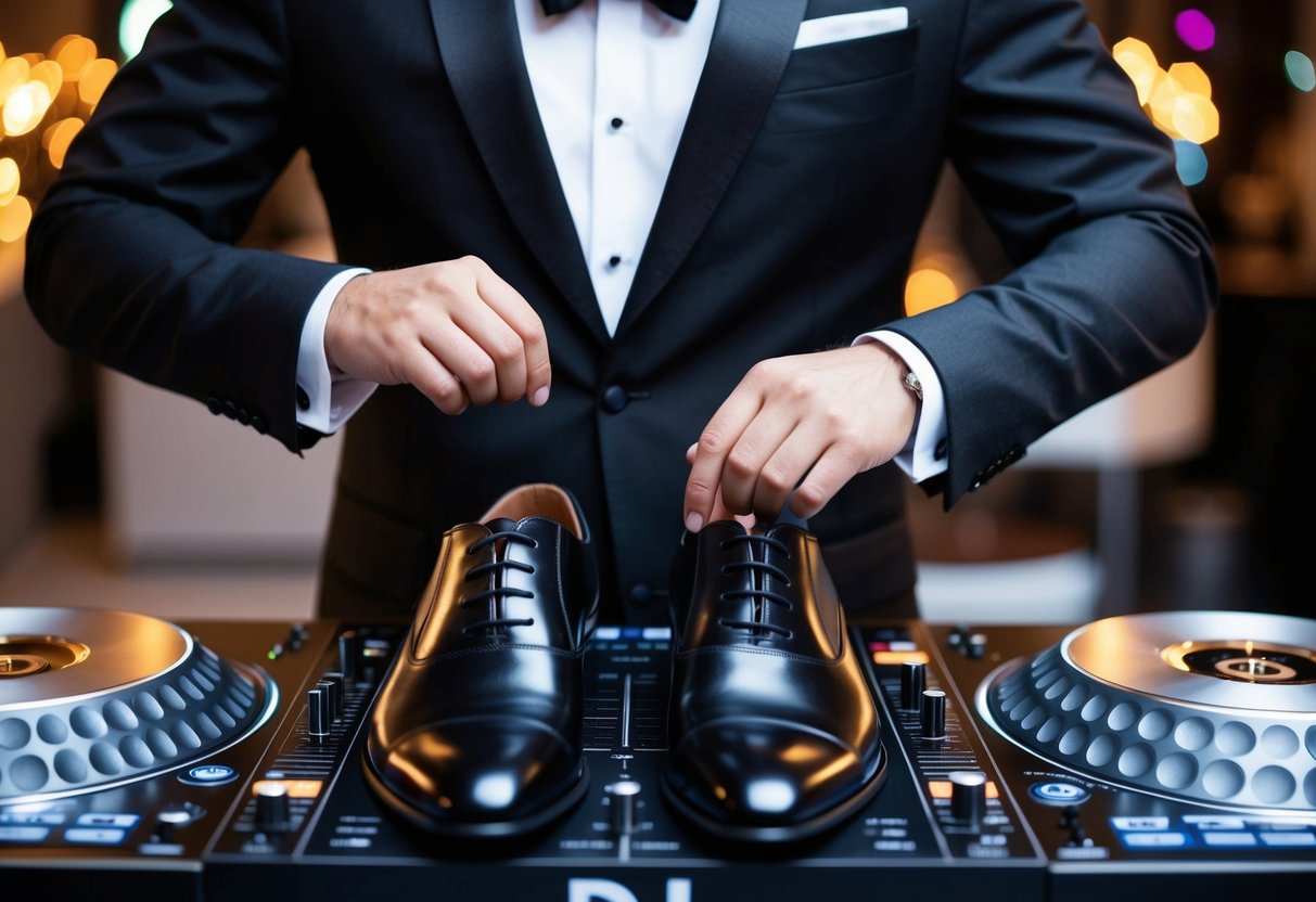 A formal DJ attire with a black suit, crisp white dress shirt, black bow tie, and polished black dress shoes