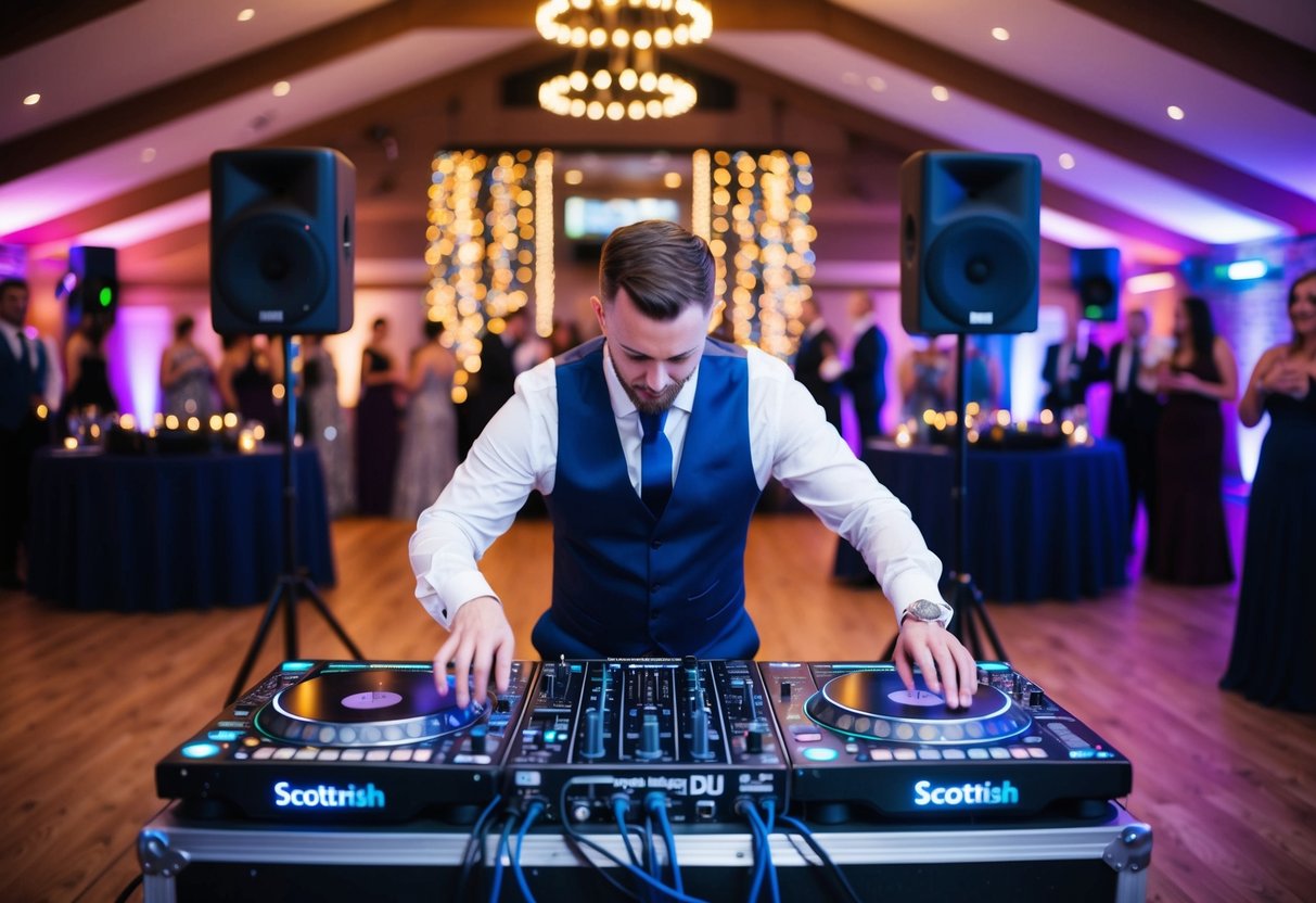 A wedding DJ setting up equipment in a Scottish venue, surrounded by colorful lights and a dance floor