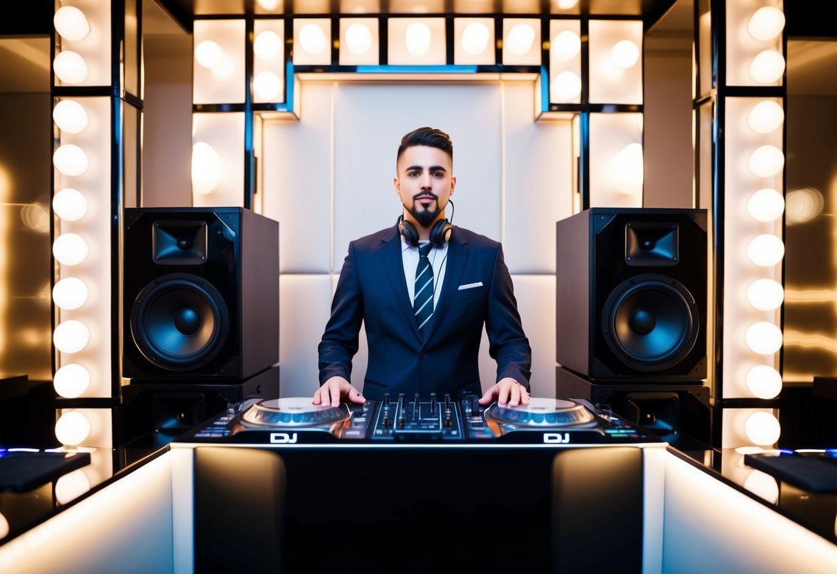 A DJ stands behind a sleek booth adorned with elegant lighting, surrounded by speakers and musical equipment. They wear a stylish suit and tie, with headphones around their neck