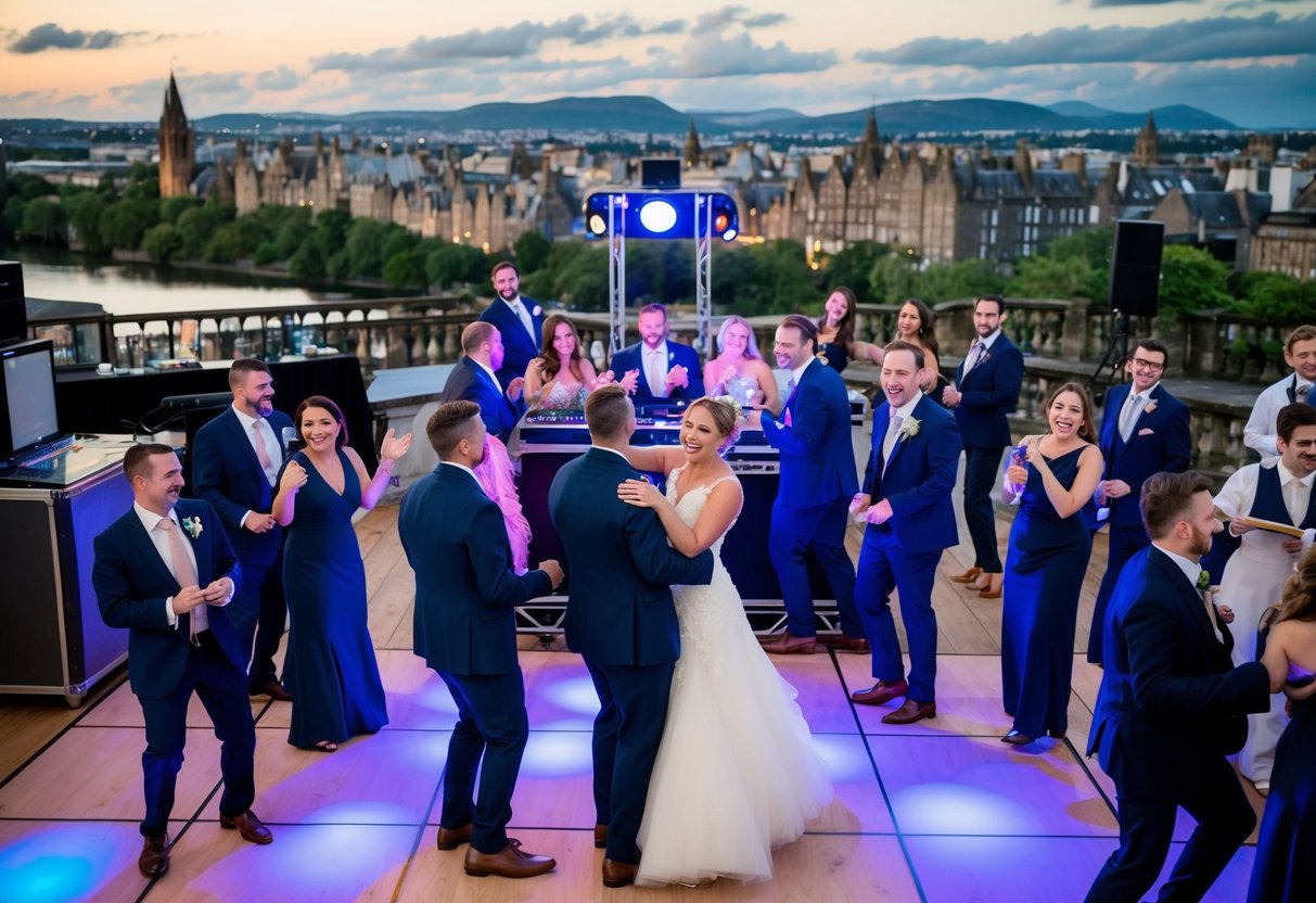 A lively wedding reception with a DJ booth, dance floor, and happy guests in a scenic Scottish city