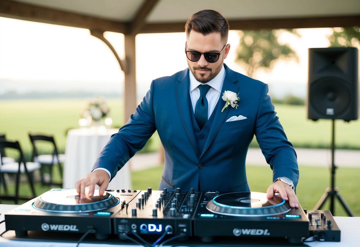 A DJ stands behind a sleek setup at an outdoor wedding venue, dressed in a sharp suit with a tie, adjusting the sound system for the ceremony