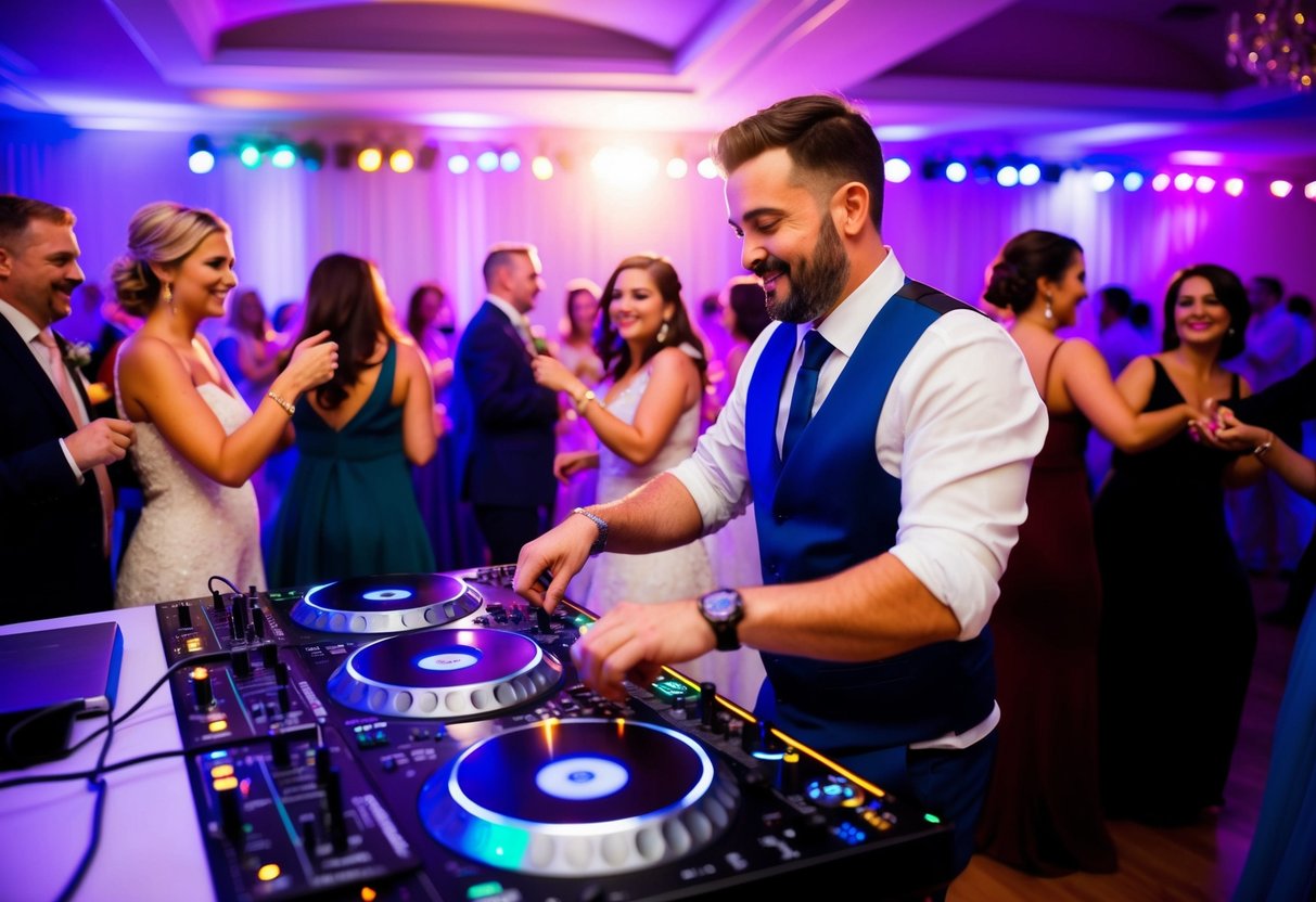 A DJ plays music at a wedding, surrounded by dancing guests and colorful lights