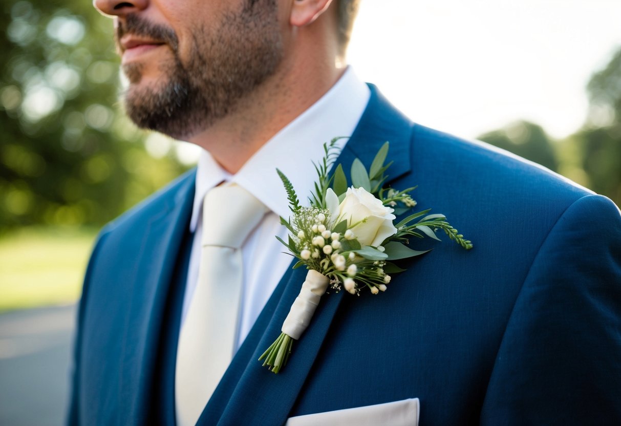 A boutonniere adorns the lapel of the father of the bride's suit