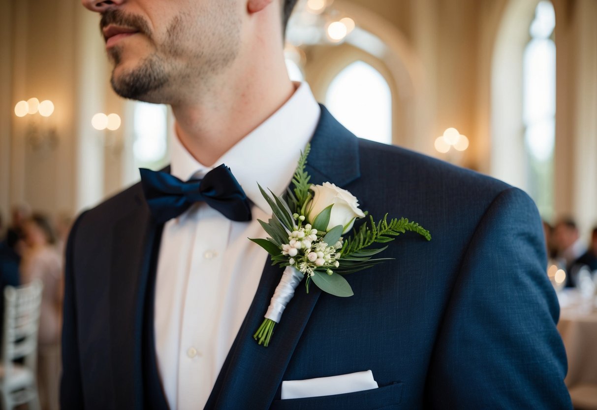 A boutonniere on a suit jacket, surrounded by elegant wedding decor