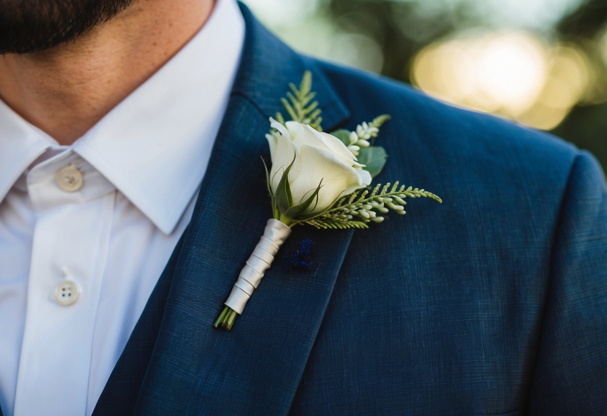 A boutonniere pinned to a suit lapel