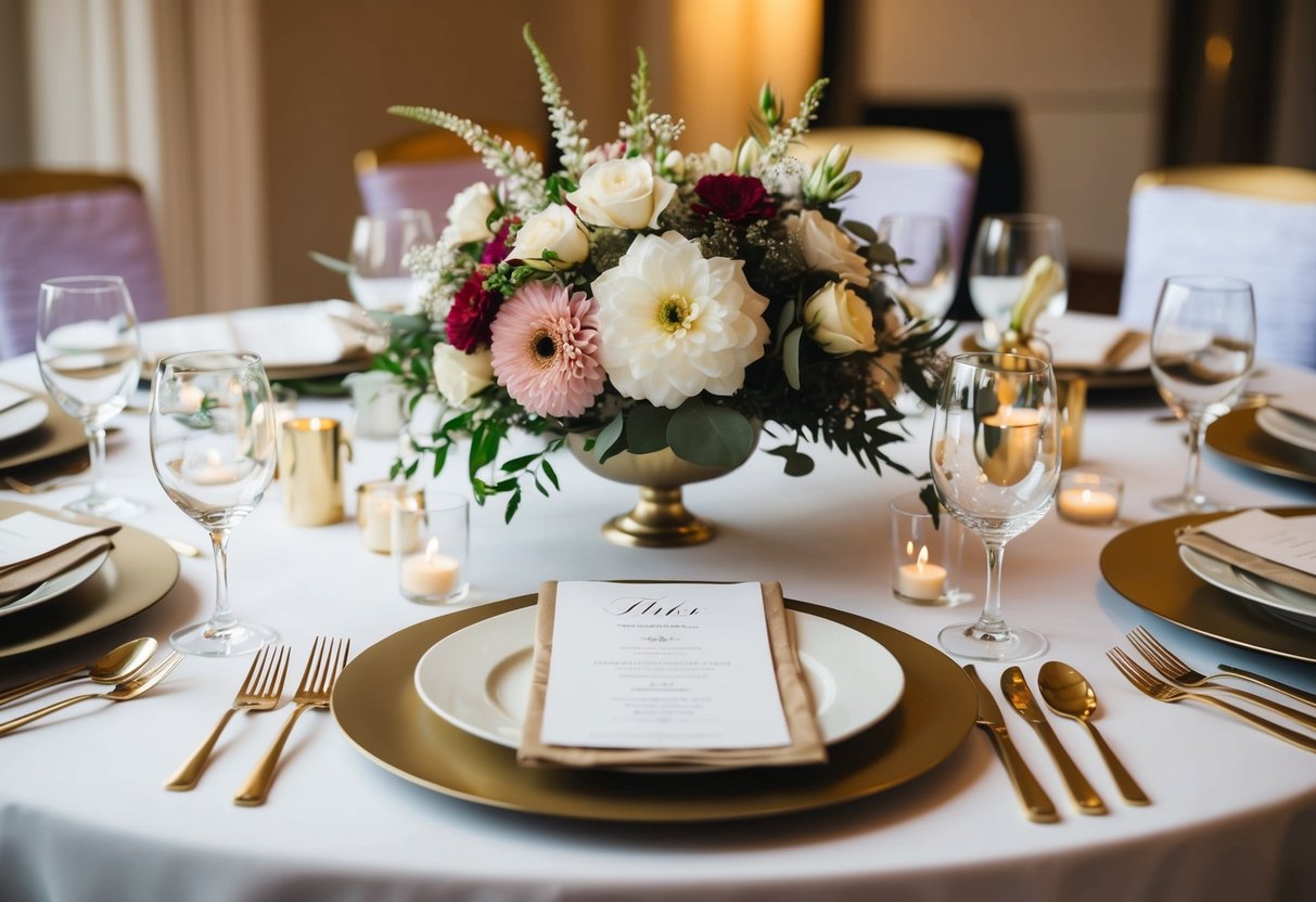 A table set with elegant place settings, adorned with a floral centerpiece matching the wedding theme