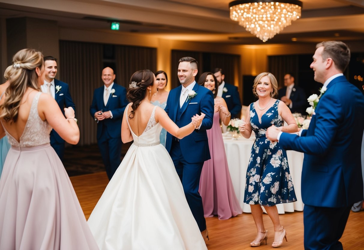 A wedding reception with a live band playing music, guests dancing, and a romantic atmosphere