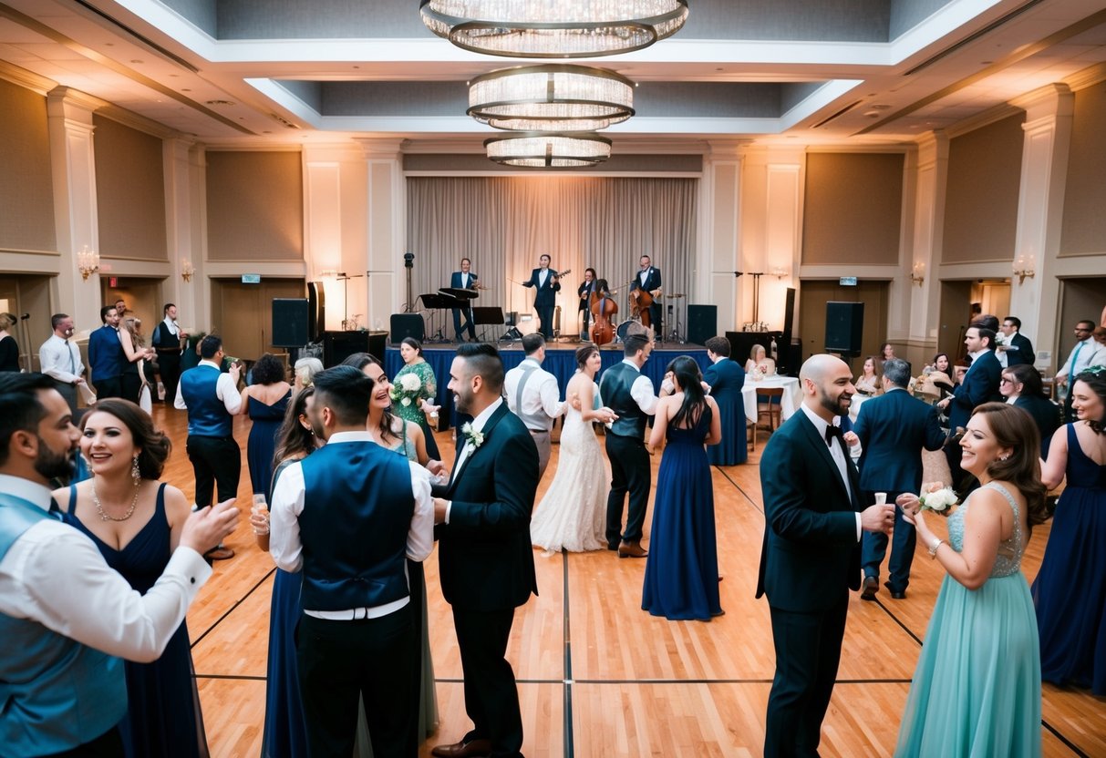 A lively reception hall with a stage, instruments, and a dance floor, filled with guests chatting and enjoying the music