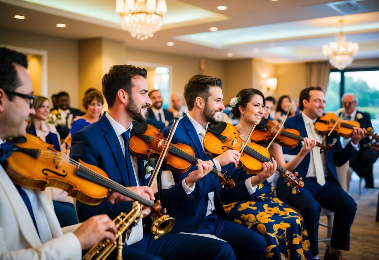 A diverse group of musicians playing various instruments at a wedding venue, with guests enjoying the unique and vibrant musical talents