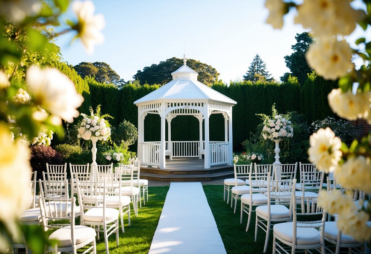A sunlit garden with blooming flowers, a white gazebo, and elegant seating for a wedding ceremony and reception