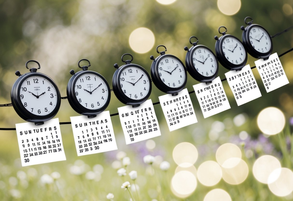 A wedding timeline depicted through a series of overlapping clocks and calendars, each representing different stages of the event