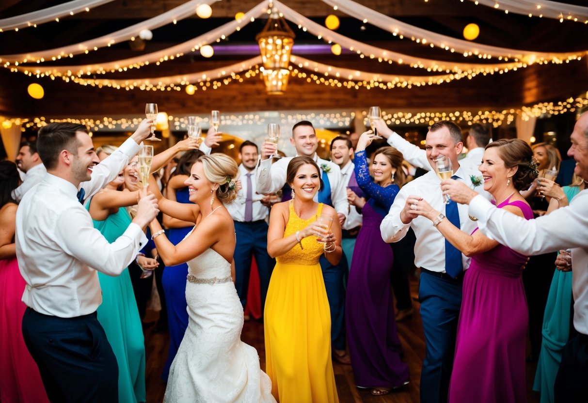 A colorful and lively wedding reception with guests dancing and toasting, surrounded by festive decorations and twinkling lights
