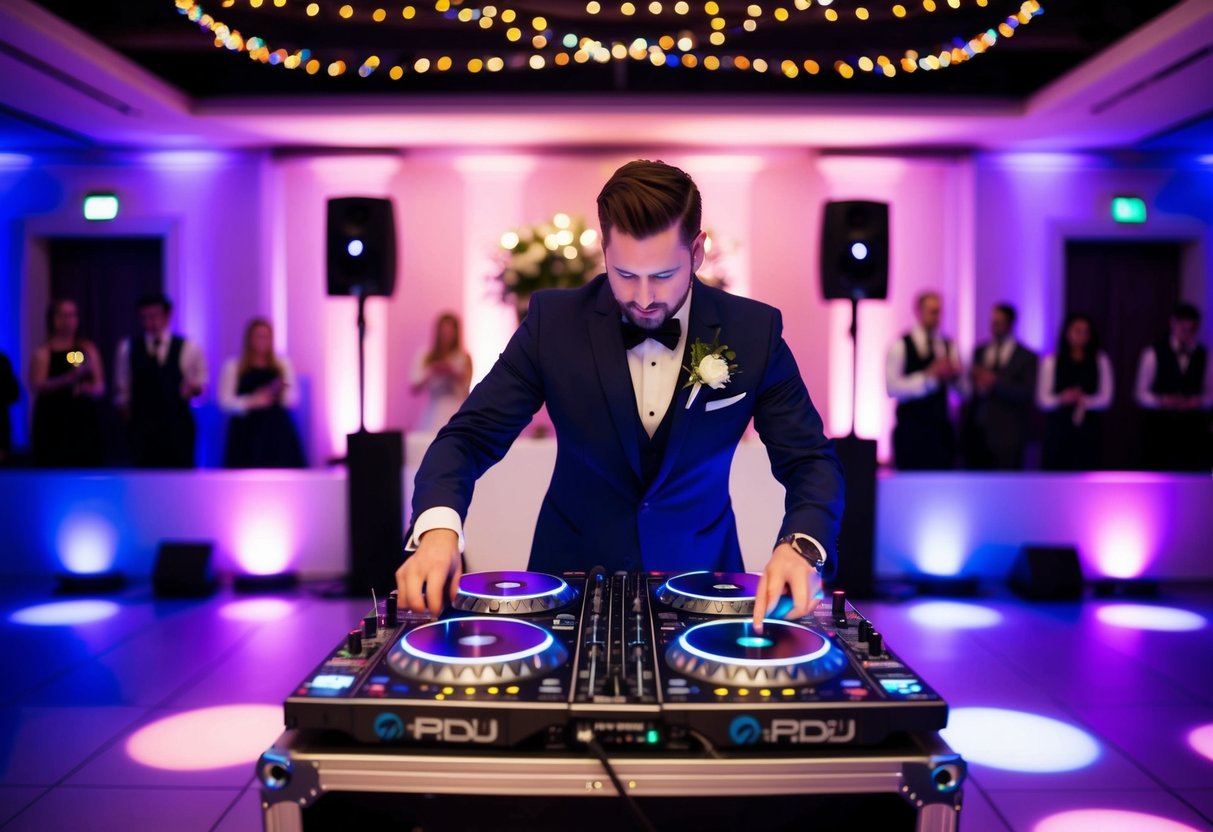 A wedding DJ setting up equipment in a London venue with colorful lights and a dance floor