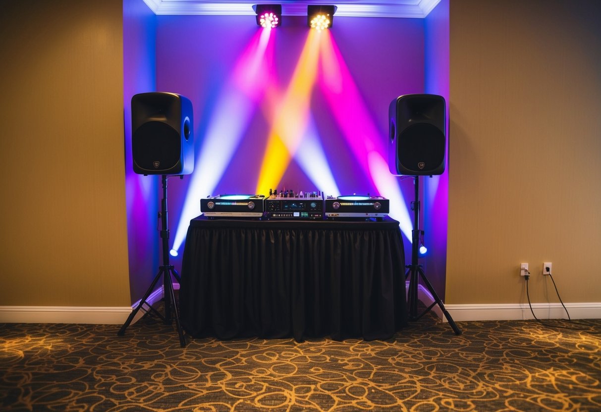 A DJ booth set up in the corner of a dimly lit reception hall, with colorful lights flashing and music equipment arranged on the table