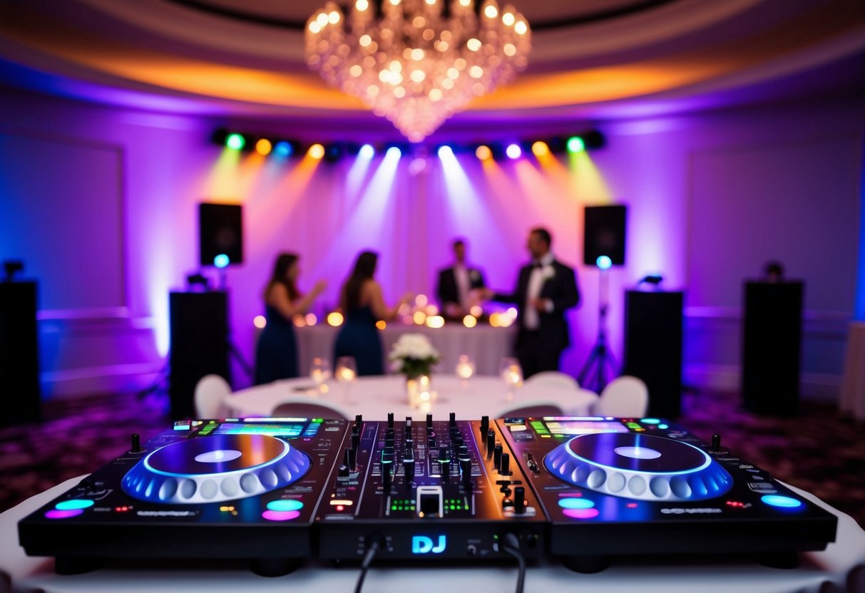 A DJ booth set up at a wedding reception, with colorful lights flashing and music playing, creating a lively and festive atmosphere