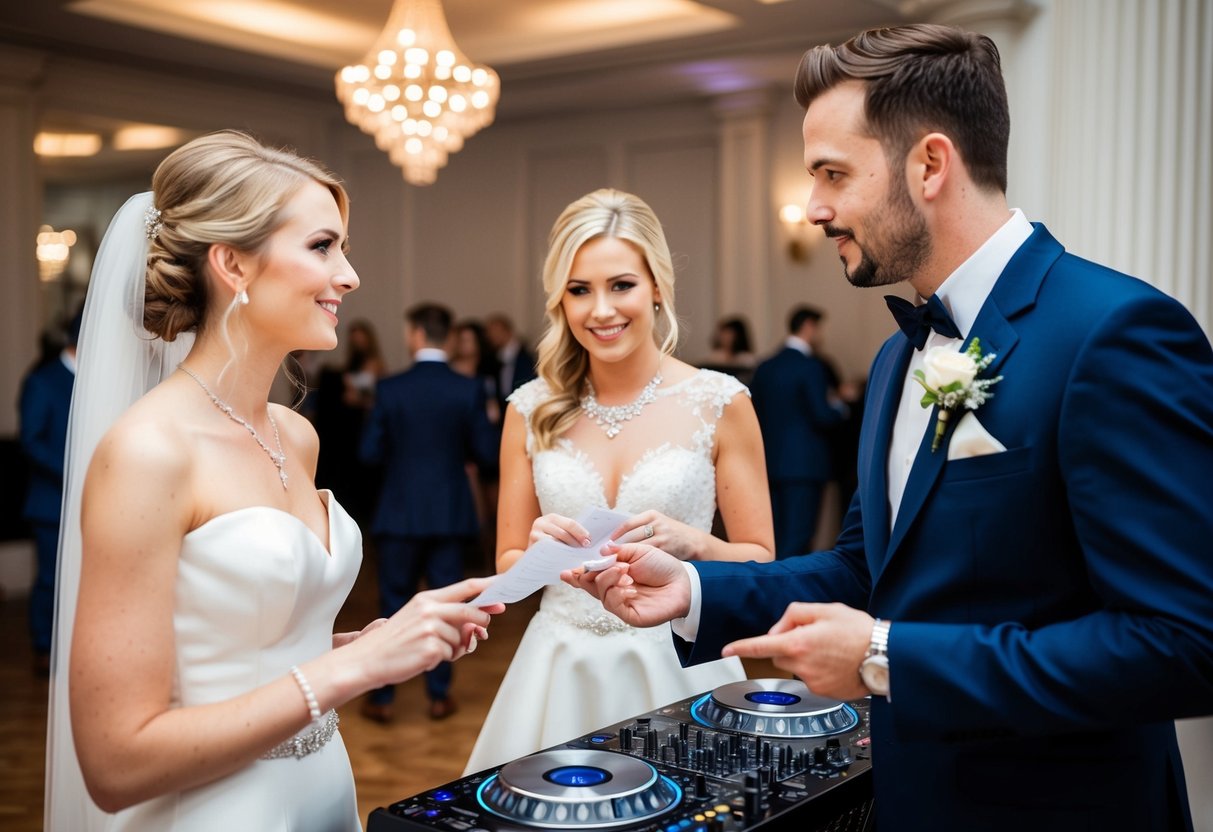 A bride and groom discussing prices with a DJ in a London venue