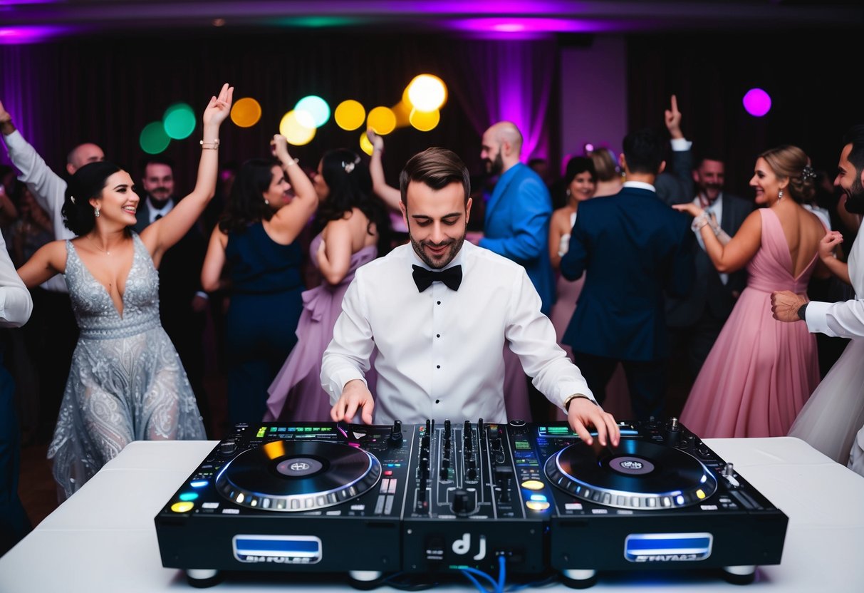 A DJ set up at a wedding reception, surrounded by dancing guests and colorful lights, playing music on a turntable