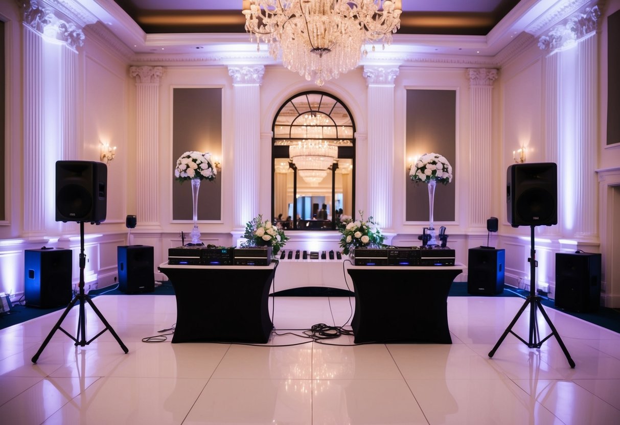 An elegant wedding reception venue in London with a DJ booth and sound equipment set up for a celebration