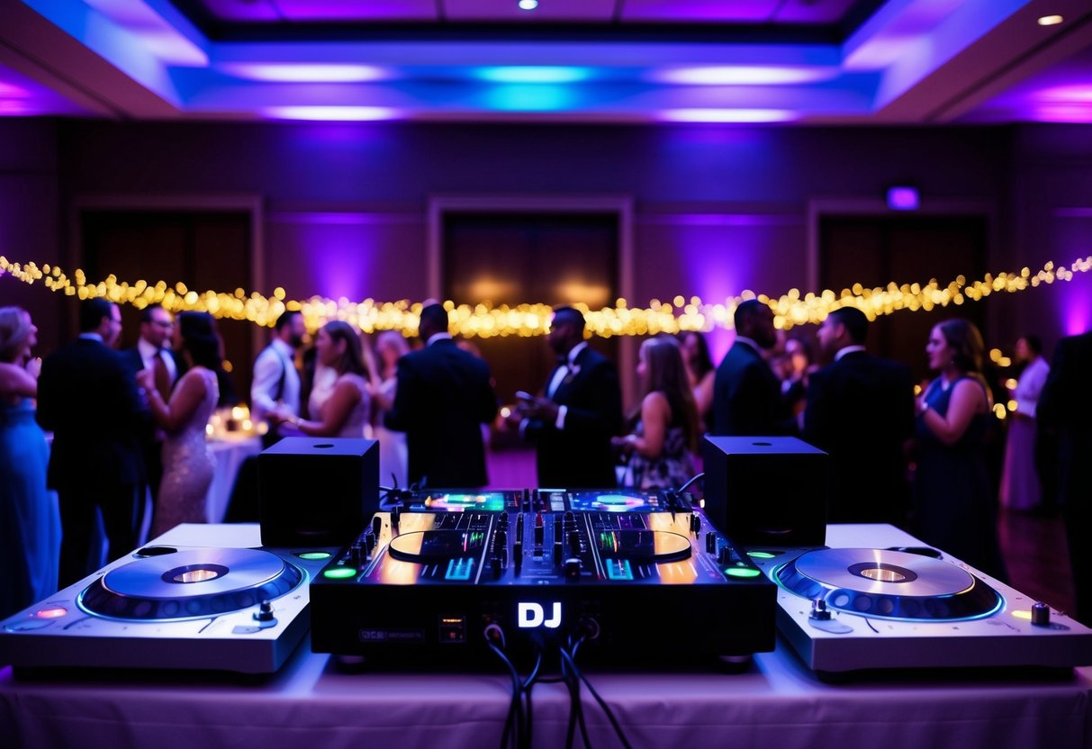 A DJ booth with turntables and speakers set up in a dimly lit reception hall, with colorful lights flashing and music playing as guests dance