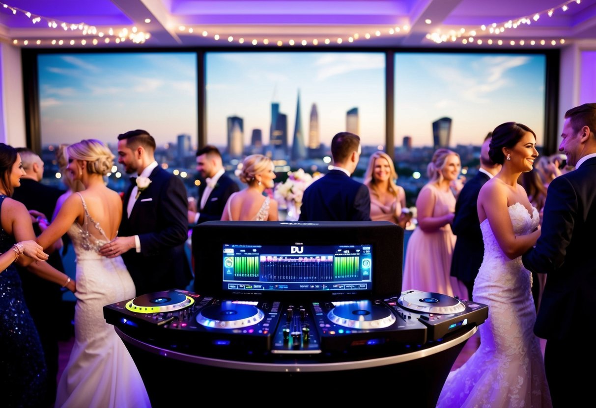 A wedding DJ booth with a London skyline backdrop, surrounded by dancing guests and twinkling lights