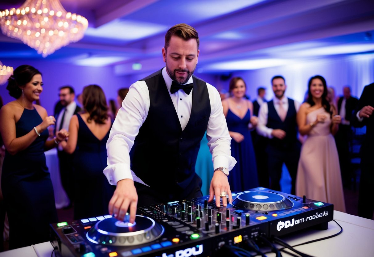 A DJ commands the dance floor, as guests move and groove to the beat at a lively wedding reception