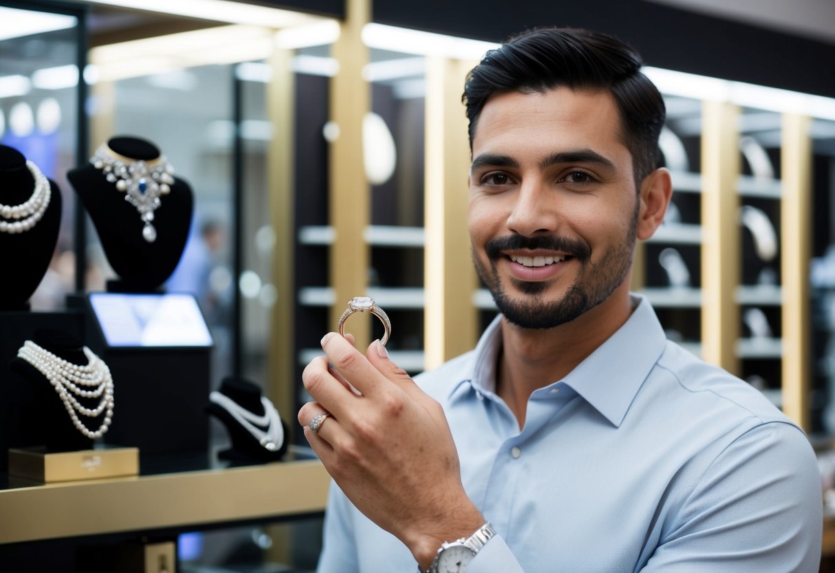 A man holding a wedding band while standing in front of a jewelry store display