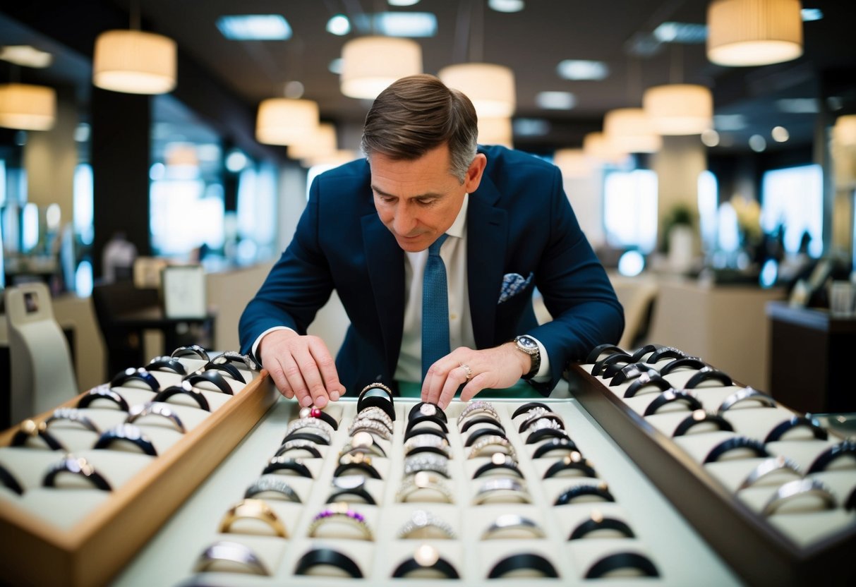 A man carefully examines a display of wedding bands, surrounded by a variety of styles and prices